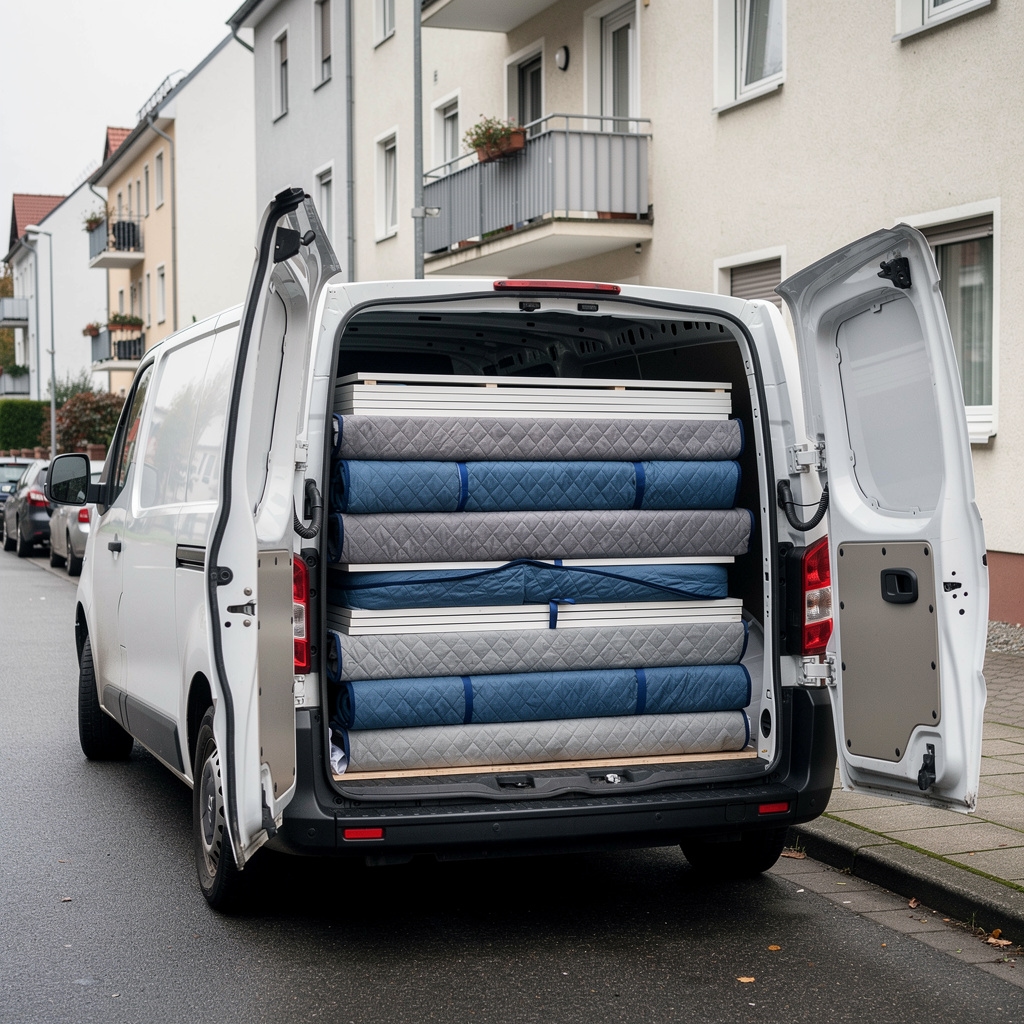 Beladenes Transportfahrzeug mit demontierten Küchenteilen